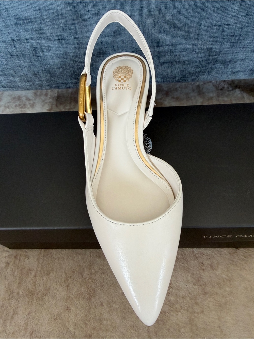 Vince Camuto Inari White Pointed-Toe Slingback Kitten Heel with Gold Buckle - Picture 3 of 6
